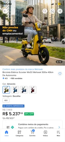Bicicleta Elétrica Scooter Wx03 Wehawk 500w 40km De Autonomia