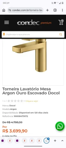 Torneira argon Docol ouro escovado