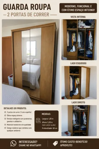GUARDA-ROUPA 2 PORTAS DE CORRER COM ESPELHO