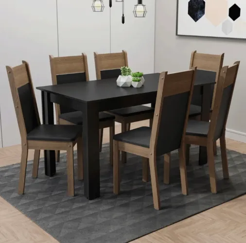 Conjunto Sala de Jantar Mesa Tampo de Madeira com 6 Cadeiras