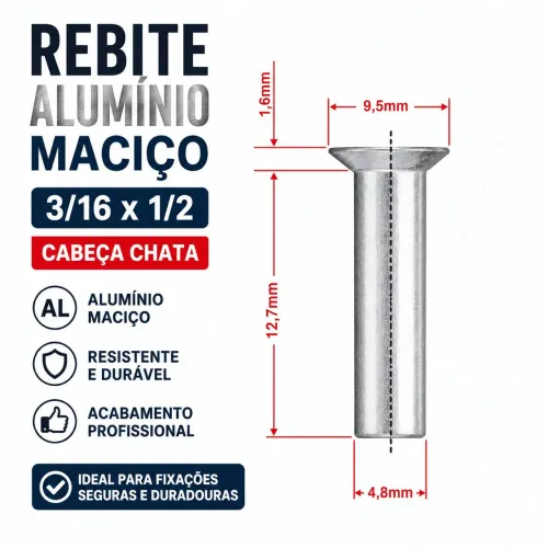 Rebite alumínio maciço 3/16 x 1/2 cabeça chata