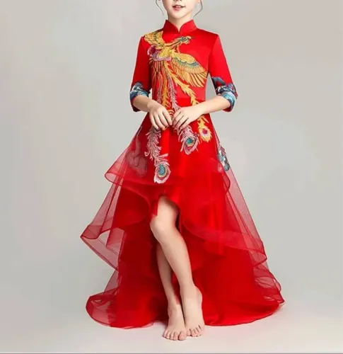 Vestido chinês infantil luxo bordado fantasia