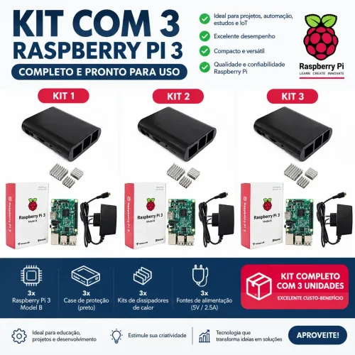 Kit 3 unidades Raspberry pi 3 com case, cartão SD, carregador.