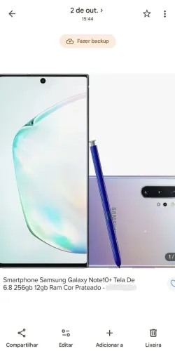Samsung Note 10+ 12GB/256GB, usado. R$ 1.099<br>