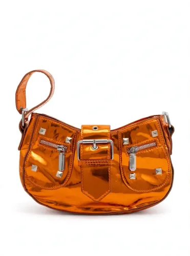 Bolsa Baguette Laranja Metalizada Y2K - Estilo Moto Chic com Tachas - Anos 2000