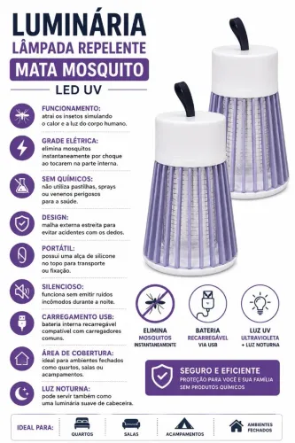 Kit 2 Luminária Lâmpada Repelente Mata Mosquito LED UV