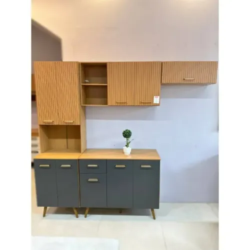 Armário Para Cozinha Olinda Modulada Freijó/Cinza Tauari Rippas Pés Retrô - Em Oferta 