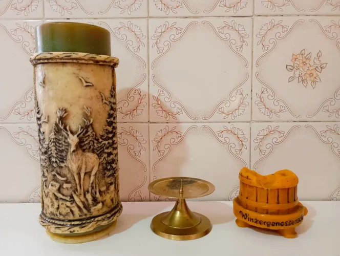 Conjunto De Velas Ornamentais + Castiçal Em Bronze - Usados