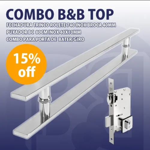 Promoção - Puxador 80cm + Fechadura Trinco Rolete - Combo Top Inox para sua Porta