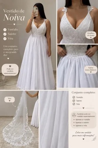 Vestido de Noiva com Véu e Saiote - Conjunto Completo