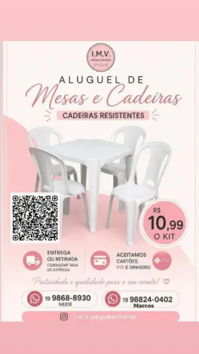 Aluguel de mesas e cadeiras. 