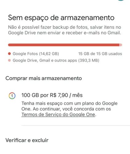 Armazenamento Cheio não pague para o Google 