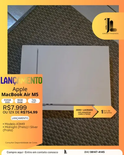 MACBOOK AIR M5, 512GB, 16GB RAM, TELA 13.6 POL., LACRADO, LANÇAMENTO!