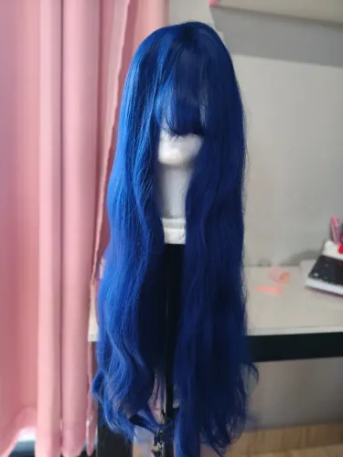 Peruca wig azul escura ondulada com franja sintética cosplay