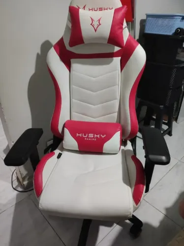 Cadeira gamer branca e rosa husky Com Almofadas, Reclinável, Descanso de Braço 3D
