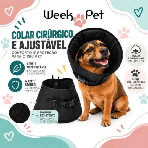 Cone Colar Elizabetano Cães Gatos Tecido Macio Ajustável Preto 5