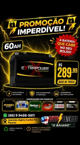 Promoção extrapower 60ah por 290 avista a base de troca,1 ano de garantia. 