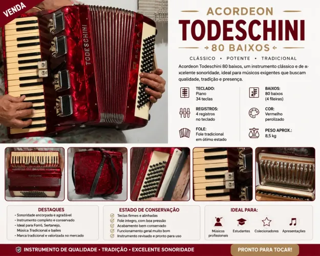 ? Acordeon / Sanfona Todeschini Vintage Vermelha - Excelente Estado