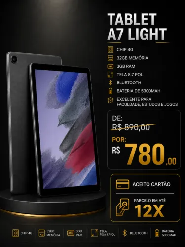 Tablet A7 light 4g, 32gb 3gb ram , tela 8.7 pol semi novo excelente 