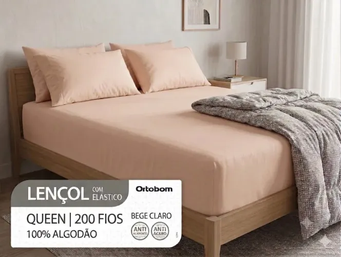 Lençol com elástico 200 fios Queen cor bege
