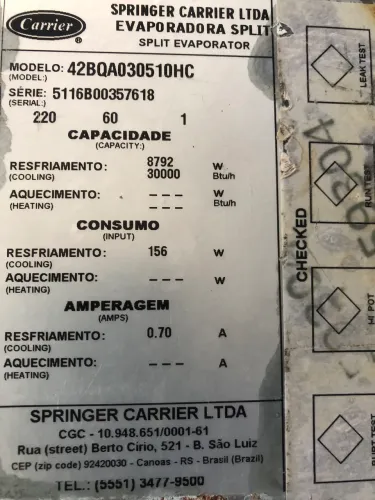 Evaporadora solitário modelo 42BQA030510HC fan coil