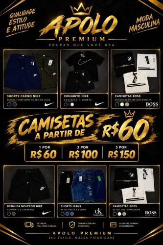APOLO PREMIUM | CAMISAS, BERMUDAS JEANS E SHORTS CARGO