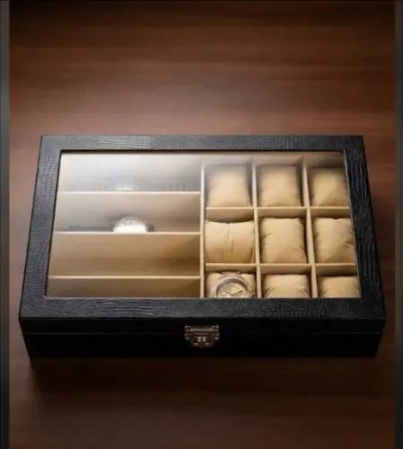 Estojo Organizador Maleta para 8 Relógios + 3 Óculos / Acessórios (Com Vidro e Chave)<br>