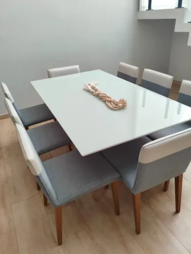 Mesa de Jantar retangular com 8 cadeiras, branco laca e vidro off white