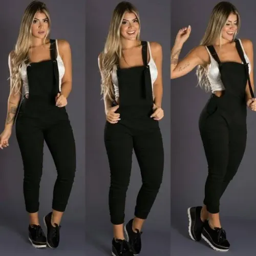 Macacão longo jardineira bengaline amarração com bolsos feminino