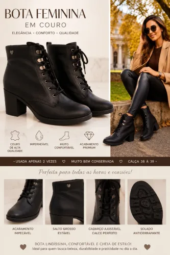Bota em Couro Preto Calça 38 e 39 Linda Elegante e Confortável Antiderrapante