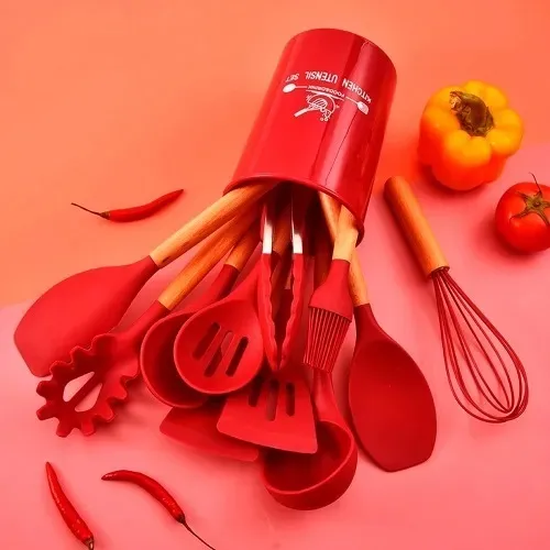 KIT COLHERES SILICONE CABO DE MADEIRA VERMELHA 12PÇS