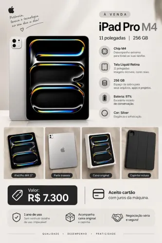 iPad Pro M4 11? 256GB Silver | Bateria 97% | Impecável!