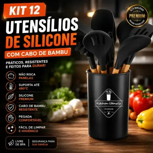 Tenha 12 utensílios de silicone com cabo de madeira para deixar o preparo das suas receita