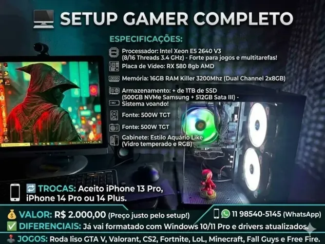 PC GAMER INTEL ZION E5 2640 V3 3.9 GHZ 8/16 + 16GB + RX 580 8gb + 500W Gab. Aquario
