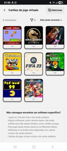 Conta digital com jogos nintendo