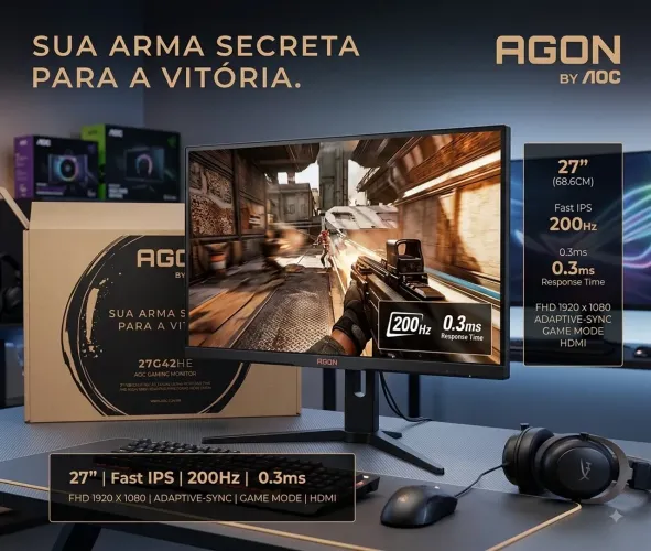 Monitor Gamer AOC AGON 27" 200Hz 0,3ms Fast IPS FHD 27G42HE ? NOVO