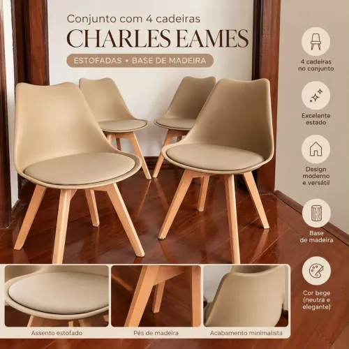 Kit 4 Cadeiras Charles Eames Estofadas Bege com Pés de Madeira