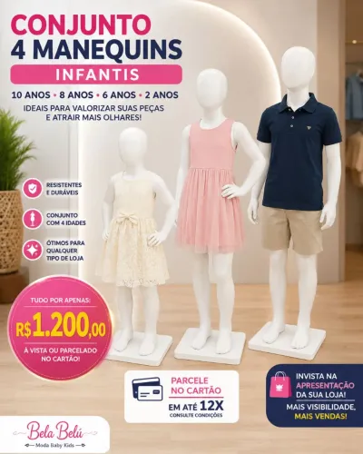 4 manequins infantis com base cromada, 2, 6, 8,10 anos