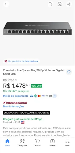 Switch Smart+PoE 16 - Portas Gigabit Tp-Link Omada