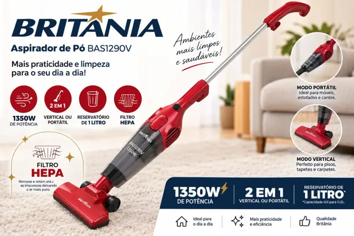 Aspirador de Pó Britânia BAS1290V 1350W 2 em 1 Vertical e Portátil com Filtro HEPA