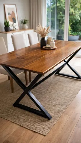 Mesa estilo industrial rústica em madeira e metal