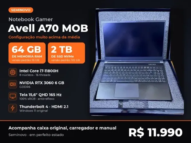 Notebook Gamer Avell A70 MOB RTX 3060 i7 64GB RAM 2TB SSD QHD 165Hz