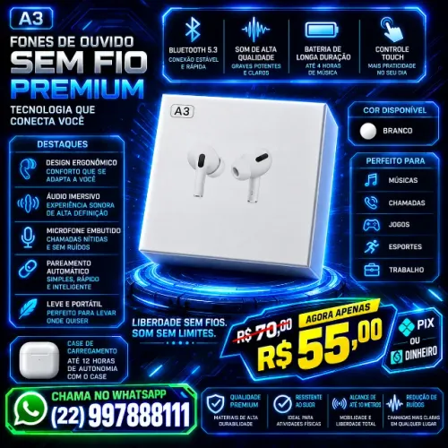 Fone sem fio recarregável A3 branco NÃO RESERVO ( Contato apenas Whatsapp ) produto novo