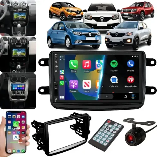 Kit Multimidia Carplay com fio 7 Polegadas Moldura Renault + Camera Cor Preto