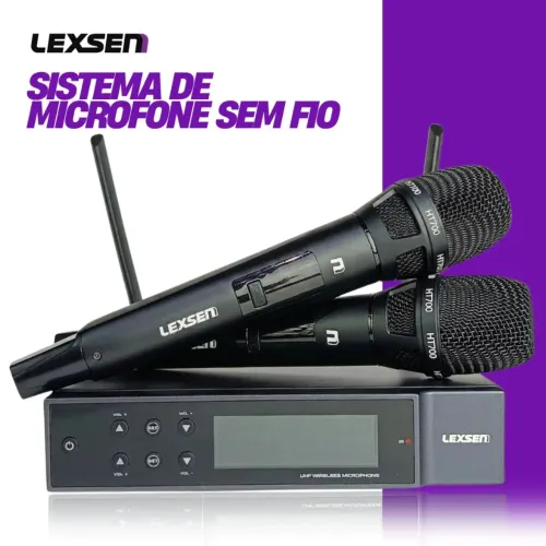 Microfone Sem Fio Duplo Lexsen NXS702 BK HT2 UHF 2 Bastões Bateria de Lítio