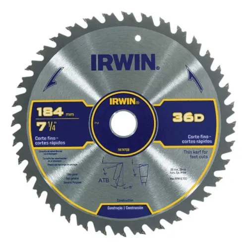 Disco Lâmina de Serra Circular para Madeira 7.1/4" 184mm x 20mm x 36 Dentes Irwin IW14108