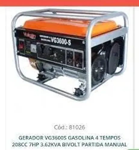 Gerador à Gasolina Vulcan VG3600S 4T Partida Manual 208CC