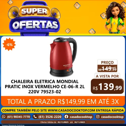 CHALEIRA ELETRICA MONDIAL PRATIC INOX VERMELHO CE-06-R 2L 220V 79523-02