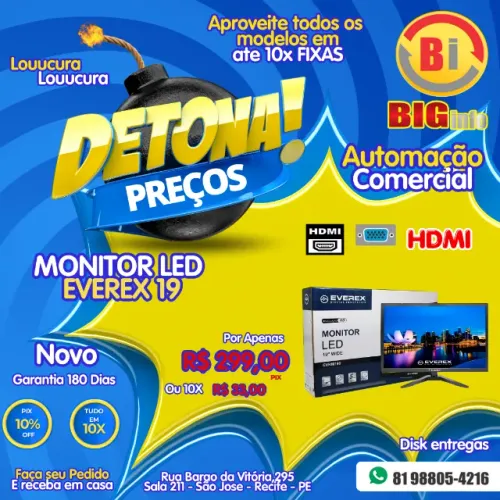 Monitor Led 19", EVEREX HD, Alta Resolução Widescreen, HDMI e VGA