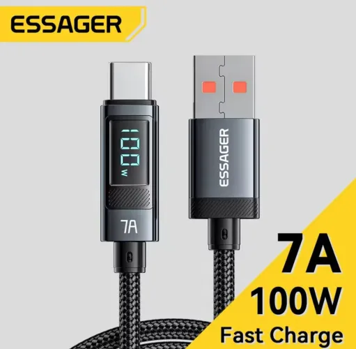 Essager Cabo USB-C para Celular 7A 100W Fast Charge com Display Digital 1 metro